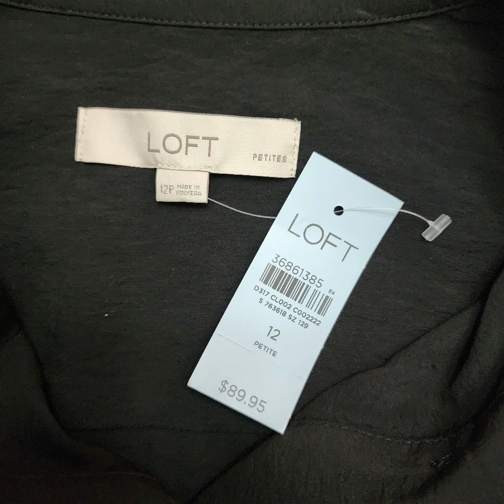 Loft Black Half Button-Up Dress Knot Tie Waist Longsleeves Size 12P - Picture 3 of 7